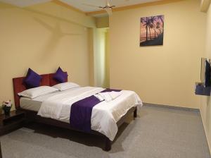 Agacaim的住宿－Brit's Palace Goa，一间卧室配有一张带蓝色枕头的大床