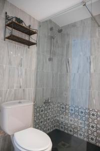 a bathroom with a toilet and a shower at Titan, edificio Hipercor, con Parking in Huelva