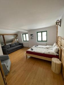 Habitación grande con cama y sofá en Madarasi Sportbázis en Căpîlniţa