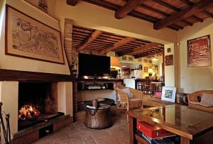 a living room with a fireplace and a television at Villa I Camini - Outbuilding, dependance - Swimming pool - Garden - BBQ and fireplaces - Soccer field in Monte Castello di Vibio