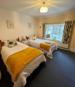 a bedroom with two beds and a window at Dunscar Farm Bed & Breakfast in Castleton