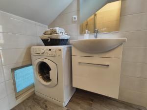 ein Badezimmer mit Waschmaschine und Waschbecken in der Unterkunft Da Dharma in Ventimiglia