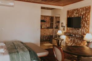 a hotel room with a bed and a flat screen tv at Pousada Quatro Estações in Bichinho