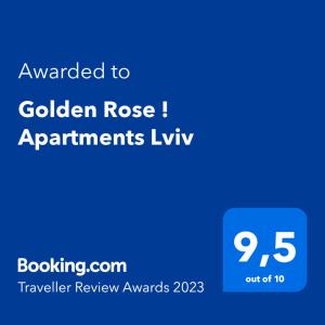 Sertifikatas, apdovanojimas, ženklas ar kitas apgyvendinimo įstaigoje Golden Rose ! Apartments Lviv matomas dokumentas