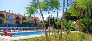 un complexe avec piscine et palmiers dans l'établissement Apartamentos Sol y Luna 3000, à Peñíscola