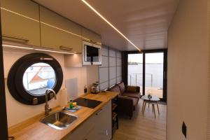 Hausboot Fjord Luna mit Biosauna in Wendtorf的厨房或小厨房