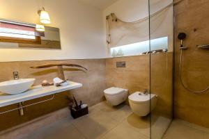 een badkamer met een toilet, een wastafel en een douche bij Catalunya Casas Modern Magnificence , only a few km to the beach! in Sant Cebrià de Vallalta +35 foto's