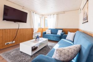 a living room with blue couches and a tv at Vergi puhkemajad in Vergi