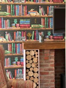 uma lareira com uma estante cheia de livros em Cosy country cottage in rural location em Moffat