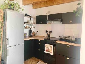 cocina con armarios negros y nevera blanca en Charmant petit appartement proche du pic St loup, en Le Triadou