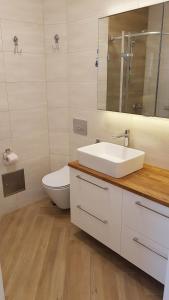 ein Badezimmer mit einem Waschbecken, einem WC und einem Spiegel in der Unterkunft Apartament Centrum Portu in Kołobrzeg