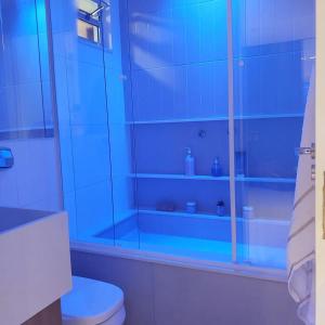 y baño con ducha de cristal y aseo. en Alma Carioca: seu loft no Leblon/RJ, en Río de Janeiro
