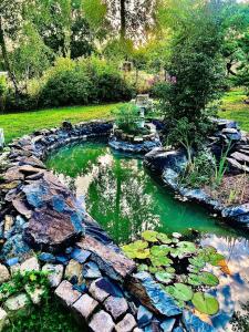 WibrinにあるTerre Happyの庭園内の睡蓮と岩の池