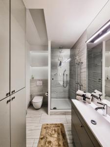 a bathroom with a shower and a sink and a toilet at Apartament Villa Łyna Park in Olsztyn