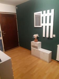 Zur Nachteule في Blümchen: غرفة معيشة مع جدار أخضر وخزانة بيضاء