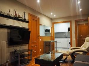 sala de estar con TV, sofá y mesa en Alojamientos Acella, en Pamplona