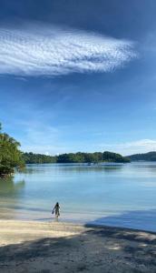 a person standing on a beach near a body of water at The Hawk's Nest Resort in Sabang