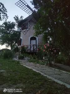 una pequeña casa con un molino de viento en un patio en Kuća za odmor na Tisi - Vila Vetrenjača, en Čurug
