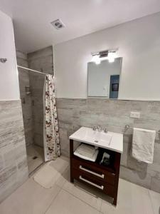 a bathroom with a sink and a shower at Frente a la playa, encantador departamento en PB in Puerto Madryn