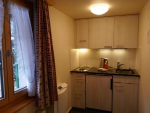 una pequeña cocina con fregadero y ventana en Apartment Chalet Schwendihus-6 by Interhome, en Grindelwald