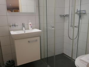 un baño con lavabo y ducha en Apartment Chalet Schwendihus-6 by Interhome, en Grindelwald