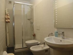 a bathroom with a toilet and a sink and a shower at Apartment Cjase Fravins-2 by Interhome in Raveo