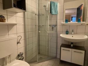 a bathroom with a shower and a toilet and a sink at Apartment Tossens-8 by Interhome in Butjadingen OT Tossens
