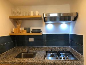 a kitchen counter with a stove and a sink at Playa Dorada Suites in San Felipe de Puerto Plata