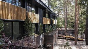 a house in the woods with black walls and windows at BOX ART ALPINO in Navacerrada