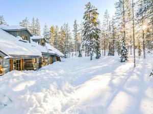 アカスロンポロにあるHoliday Home Teerentie - fun - dasher by Interhomeの木々に囲まれた雪の丸太小屋