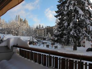 a balcony with a snow covered tree and a building at Studio La Bercière 7 by Interhome in Villars-sur-Ollon