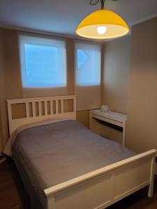 a bedroom with a bed and a light and two windows at Mladost 1 Apartment near the metro in Sofia