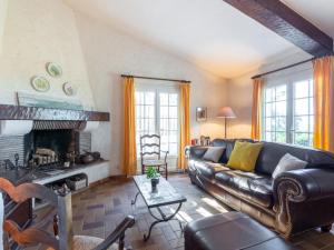 Saint-Peïre-sur-MerにあるHoliday Home La Bartavelle by Interhomeのリビングルーム(革張りのソファ、暖炉付)