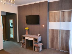 a living room with a tv on a wall at Szlavi Apartman in Baja