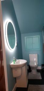 Kenneth Street Apartment في إينفيرنيس: حمام مع حوض ومرحاض مع مرآة