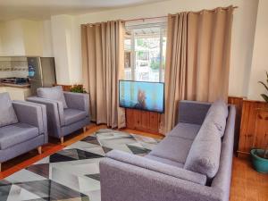 sala de estar con 2 sofás y TV de pantalla plana en Beautiful 3br townhouse with garden and bonfire, en Baguio