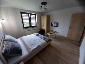 1 dormitorio con cama, ventana y mesa en Apartament na Słonecznej, en Łączany