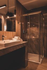 W łazience znajduje się szklana kabina prysznicowa i umywalka. w obiekcie Apartamenty MonteVerde w Świeradowie-Zdroju w Świeradowie Zdroju