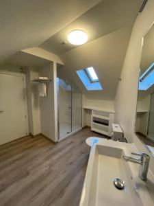 an attic bathroom with a sink and a skylight at APARTAMENTOS TURÍSTICOS GUIANA in Ponferrada