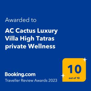 Certifikát, ocenenie alebo iný dokument vystavený v ubytovaní TATRYSTAY Cactus Luxury Villa High Tatras private Wellness