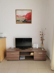 uma televisão de ecrã plano em cima de um centro de entretenimento em madeira em Pari Holiday apartments em Pafos