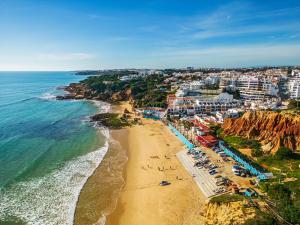 an aerial view of a beach with buildings and the ocean at Apartamento Michel Sea View Algarve in Albufeira