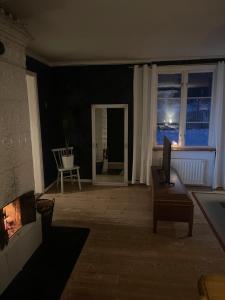 un salon avec une cheminée et une télévision dans l'établissement Holiday house in Huskvarna, à Huskvarna