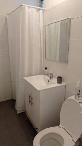y baño con aseo, lavabo y espejo. en One bedroom private apartment - quiet near a park, en Beer Sheva