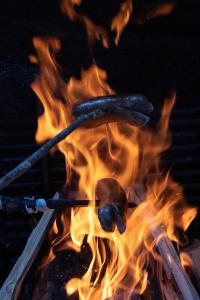 un hot dog sta cucinando su una griglia con fiamme di Baumzelte Robis Waldspielpark a Grächen