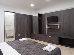 1 dormitorio con 1 cama grande y TV en la pared en Andoravendégház - Villány, en Villány