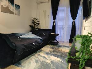 ein Schlafzimmer mit einem schwarzen Bett und einer Pflanze in der Unterkunft Amira Apartament in Constanţa