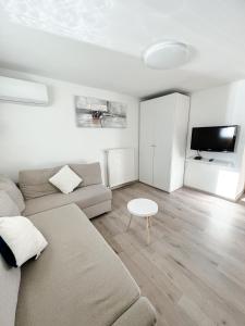 uma sala de estar com um sofá e uma televisão em Apartments Sole em Podčetrtek