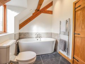 uma casa de banho com uma banheira branca e um WC. em Cwmwr em Pen-y-bont-fawr