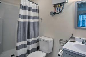 La salle de bains est pourvue d'un rideau de douche, de toilettes et d'un lavabo. dans l'établissement Cozy Demorest Cottage with Private Fishing Lake, à Demorest 20 autres photos